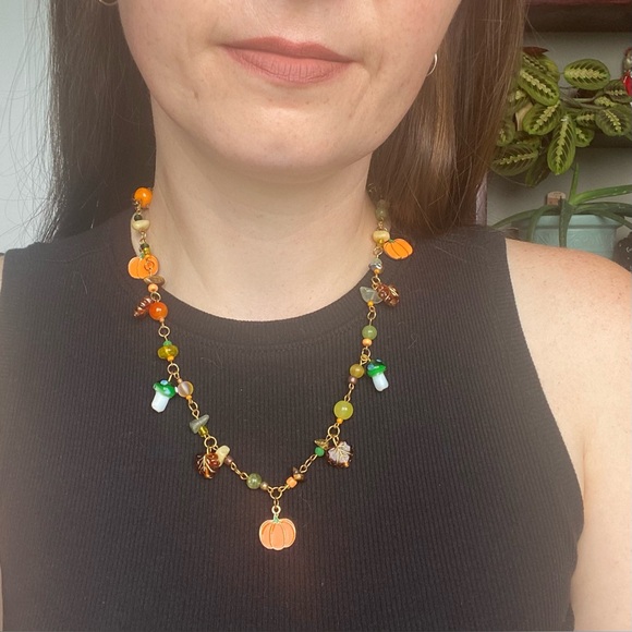 Pumpkin Patch Beaded Charm Necklace Fall Jewelry Mushroom Leaves Leaf Pendant - Picture 1 of 7